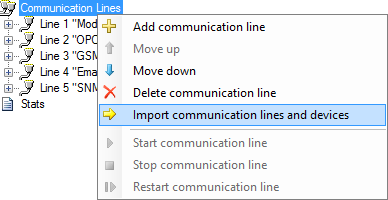 Communication lines context menu