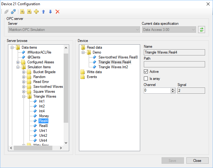 Selecting OPC tags