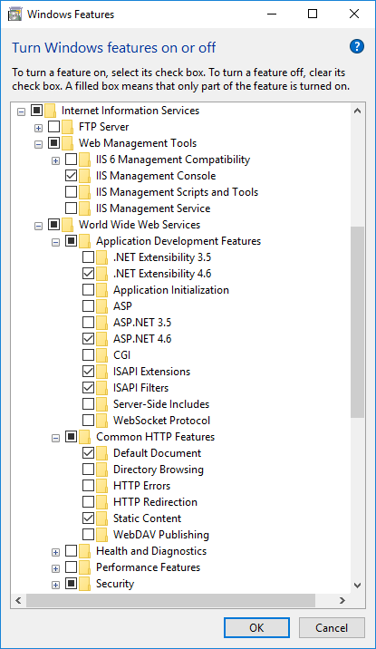 Windows 10 IIS components